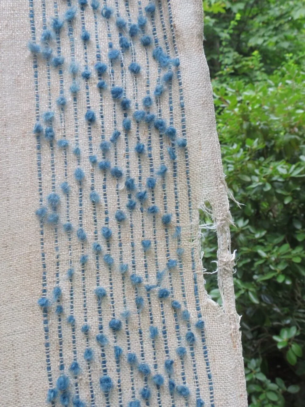 Vintage Textured Linen Cloth Ecru & Blue 38” X 36” unique front & back design